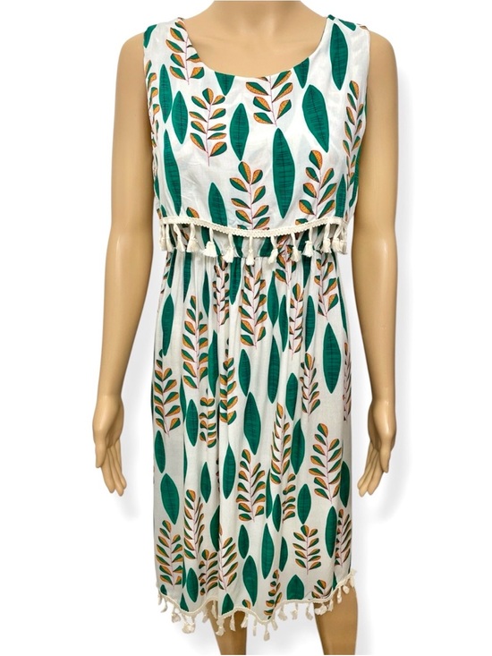 Dresses & Skirts - Cotton Sleeveless Leaf Print Tassel Hem Summer Mini Dress - White/Green size S